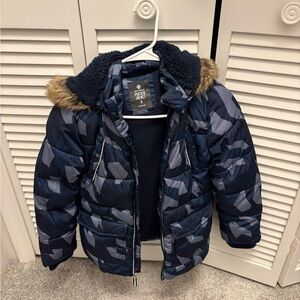 River Island Blue Camouflage Puffer Jacket with Faux Fur Hood